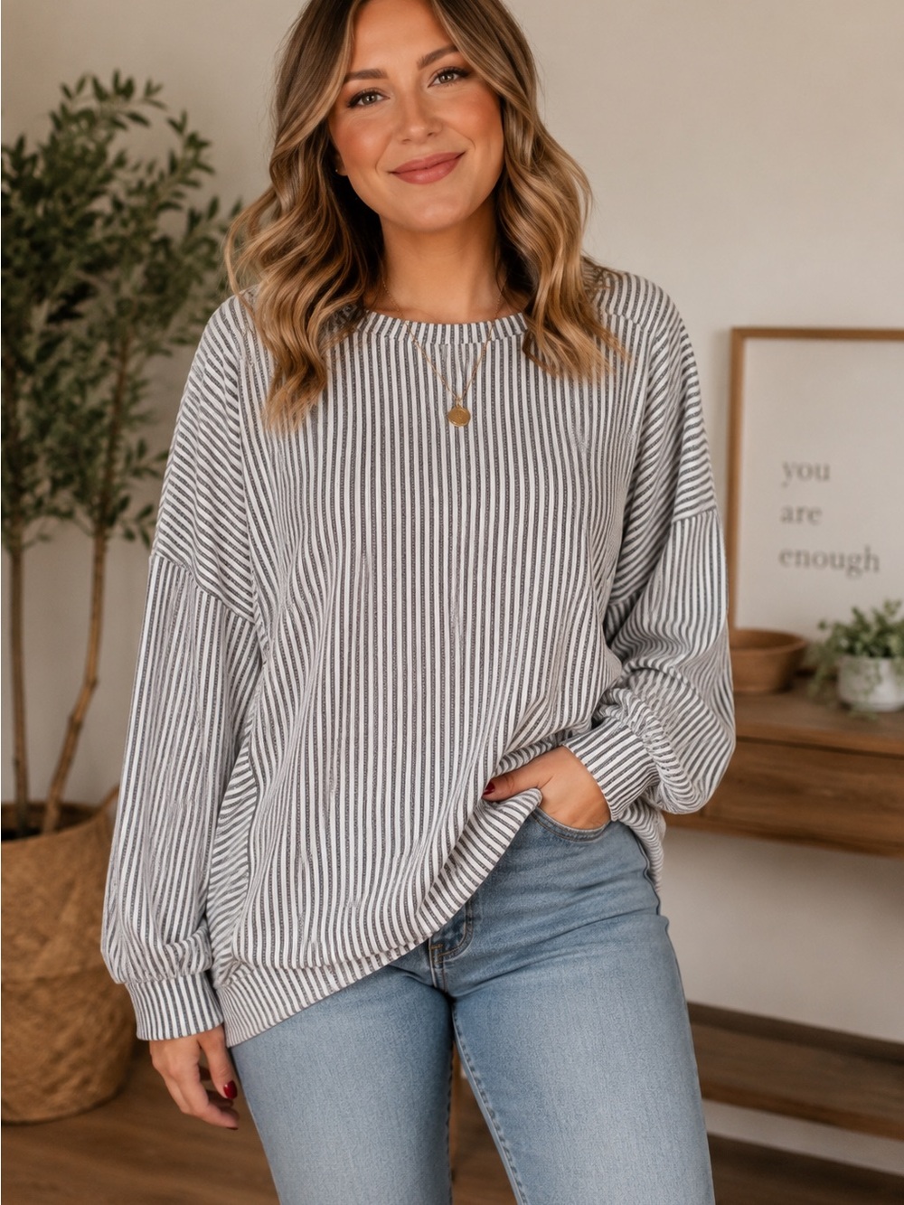 Striped Long Sleeve Pullover Top - Gray
